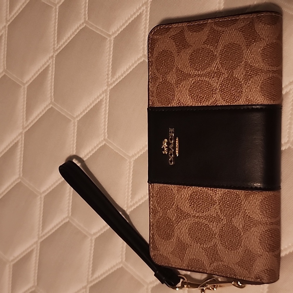 Coach Tan and Black Signature Wristlet